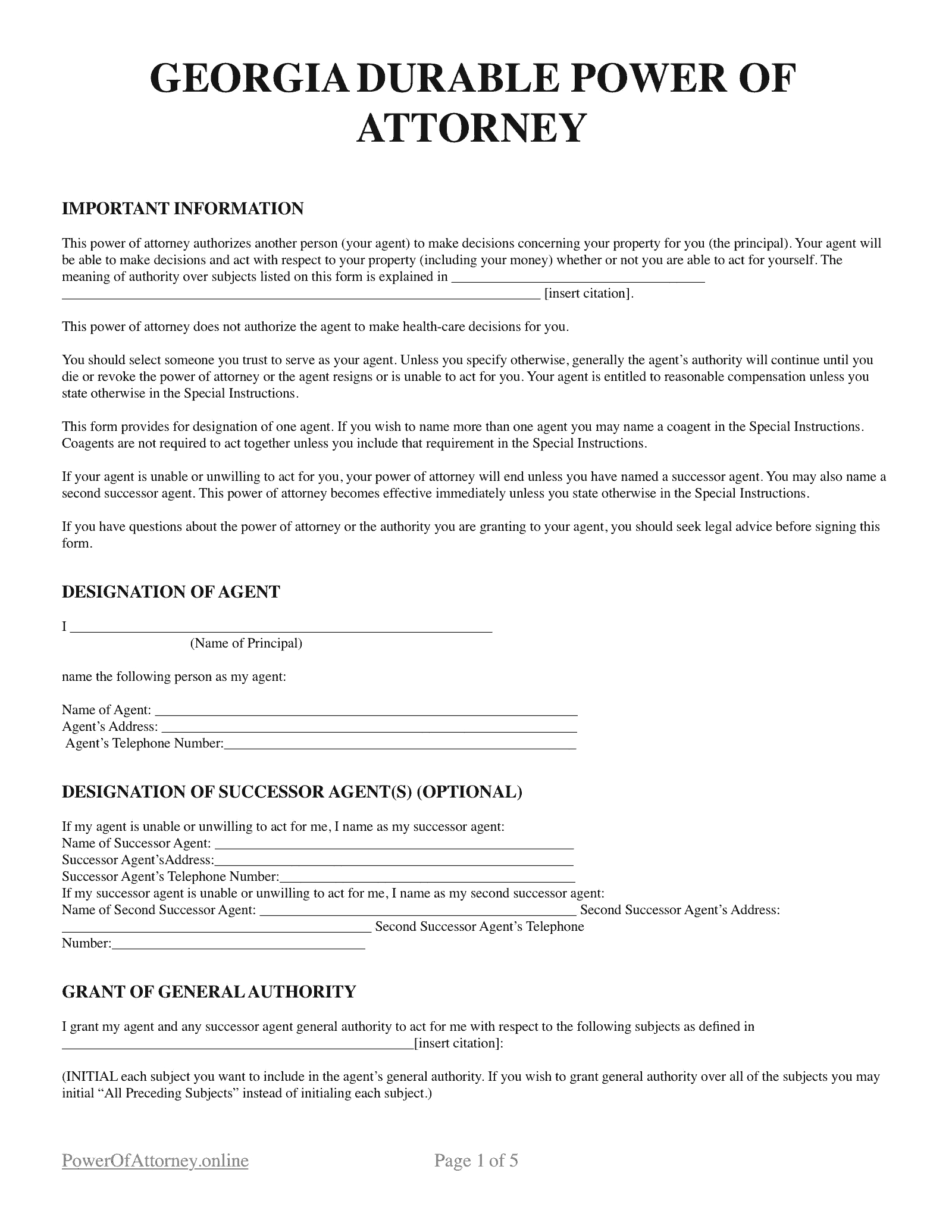 Free Georgia (Ga) Power Of Attorney Forms & Templates | Pdf regarding Printable Power of Attorney Form Georgia