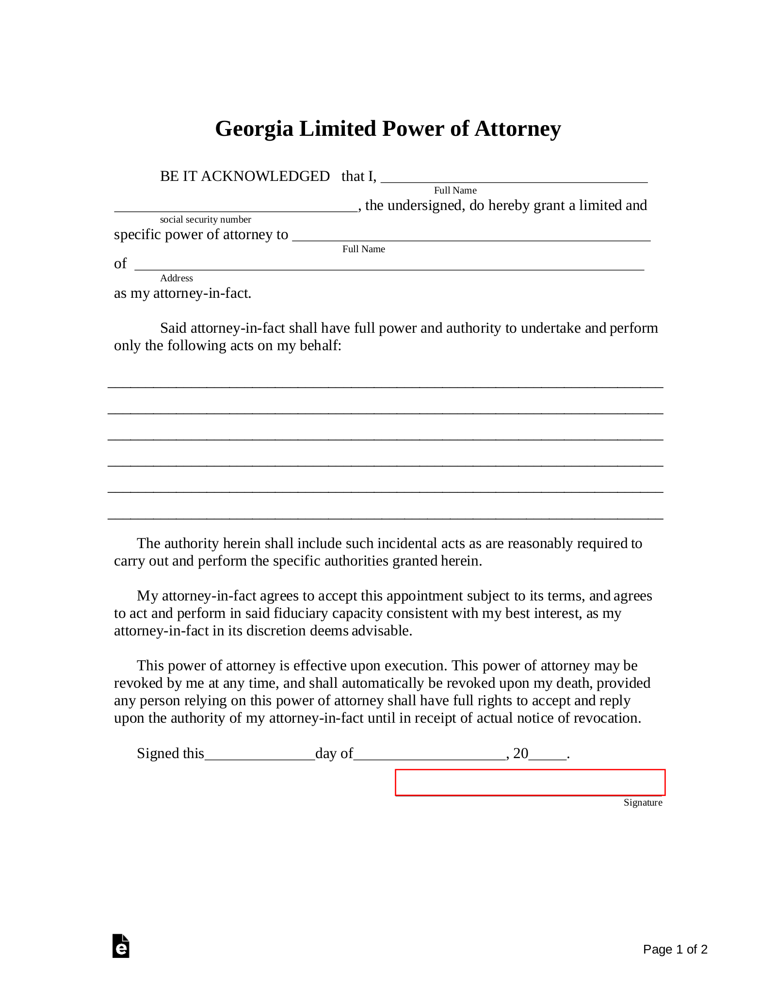 Free Georgia Limited Power Of Attorney Form - Pdf | Word – Eforms for Printable Power Of Attorney Form Georgia