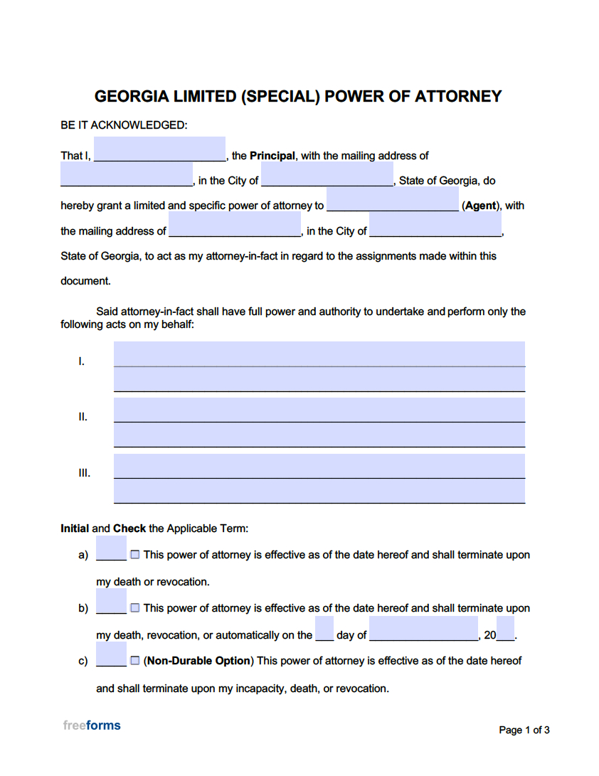 Free Georgia Limited (Special) Power Of Attorney Form | Pdf | Word intended for Printable Power of Attorney Form Georgia