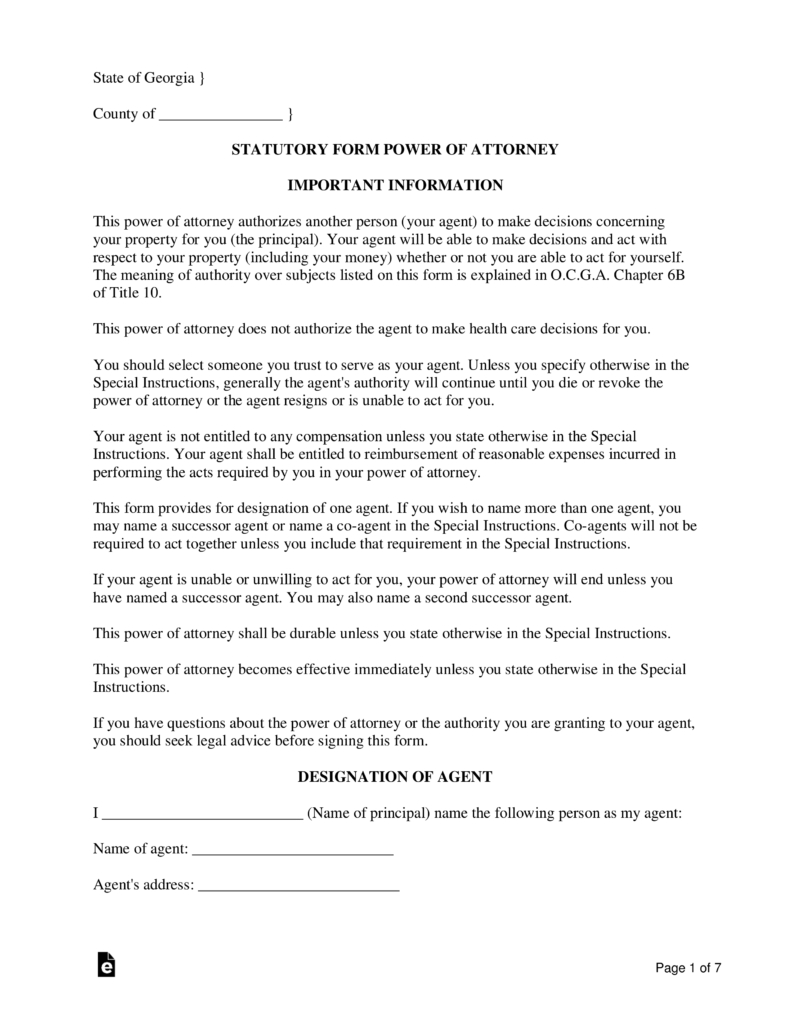 Free Georgia Power Of Attorney Forms (10 Types) - Pdf | Word – Eforms regarding Printable Power of Attorney Form Georgia