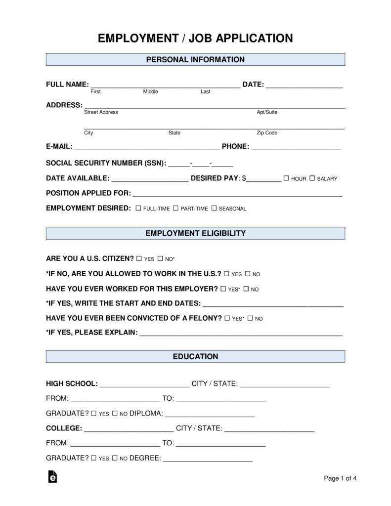 Free Job Application Forms (2) - Pdf | Word – Eforms pertaining to Employment Application Form Free Printable