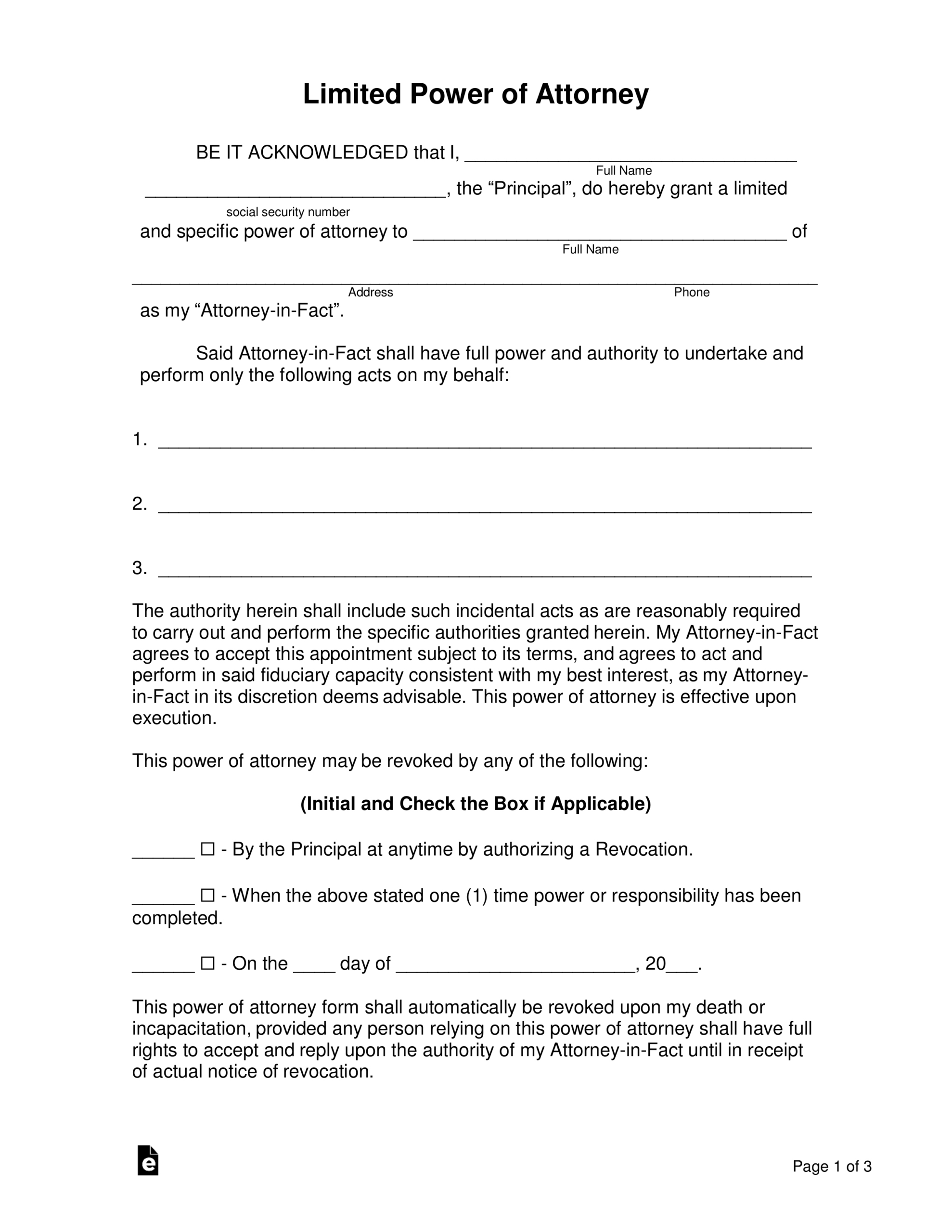 Free Limited (Special) Power Of Attorney Form - Pdf | Word – Eforms inside Printable Power Of Attorney Form