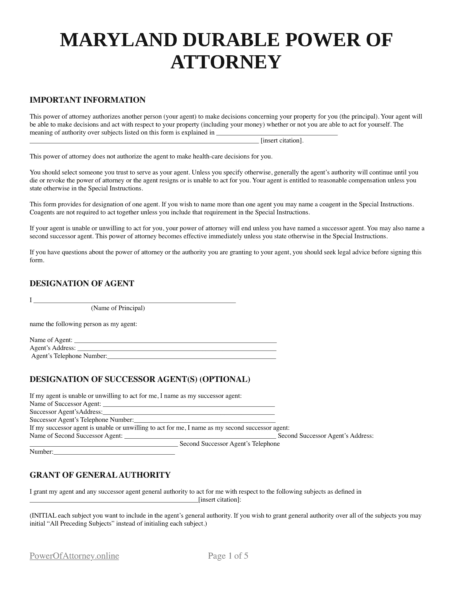 Free Maryland (Md) Power Of Attorney Forms & Templates | Pdf throughout Maryland Power Of Attorney Form Free Printable