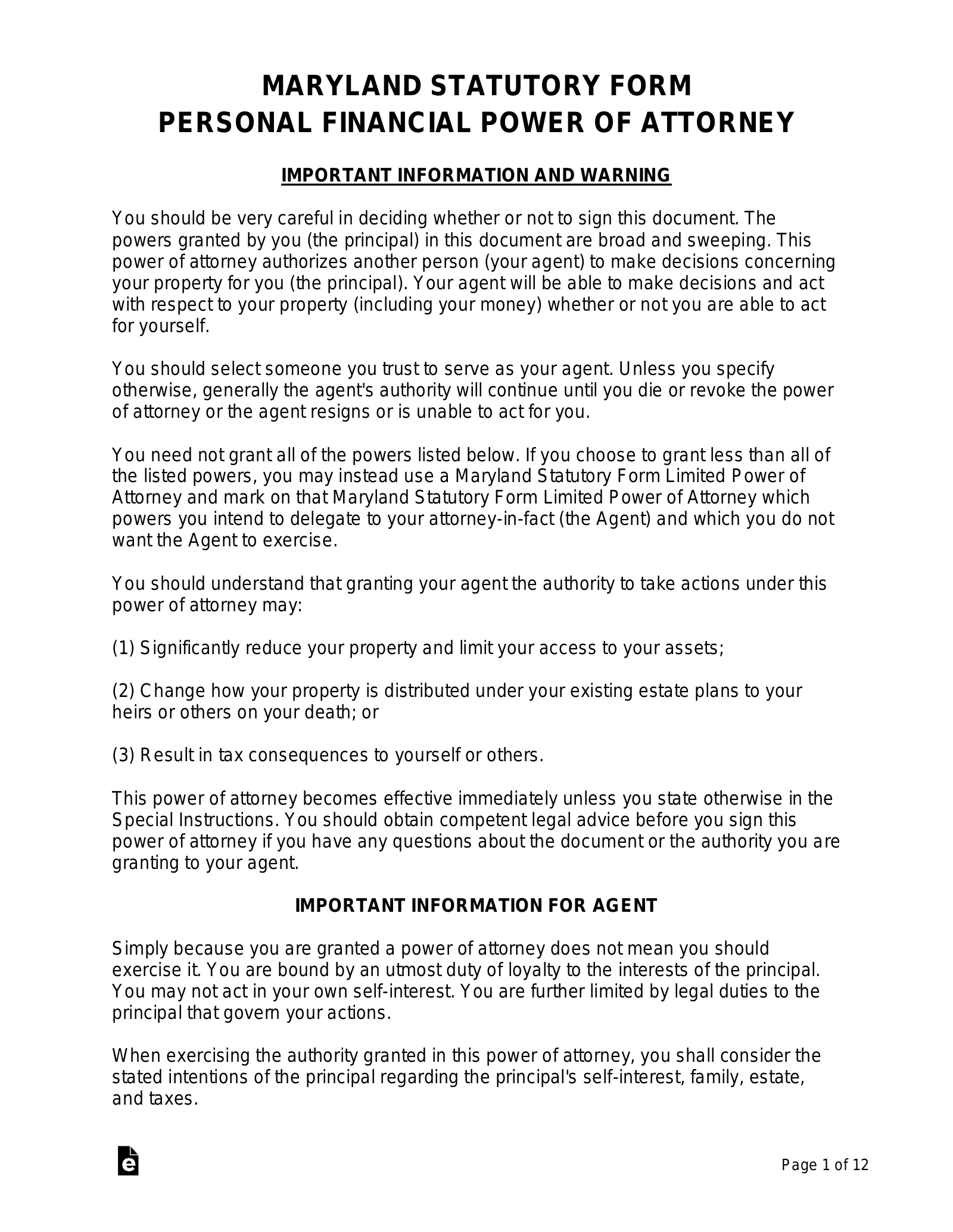 Free Maryland Power Of Attorney Forms (9 Types) - Pdf | Word – Eforms regarding Maryland Power Of Attorney Form Free Printable