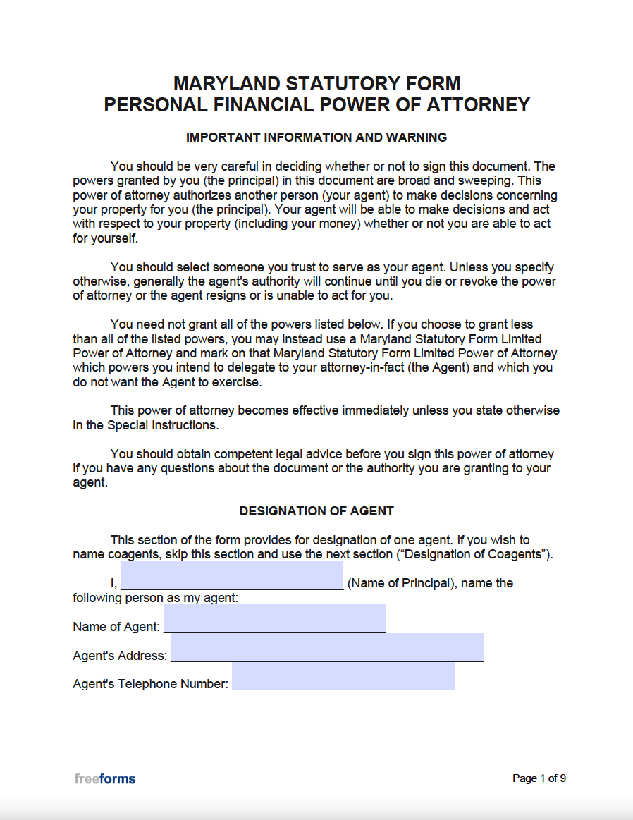 Free Maryland Power Of Attorney Forms | Pdf | Word in Maryland Power Of Attorney Form Free Printable