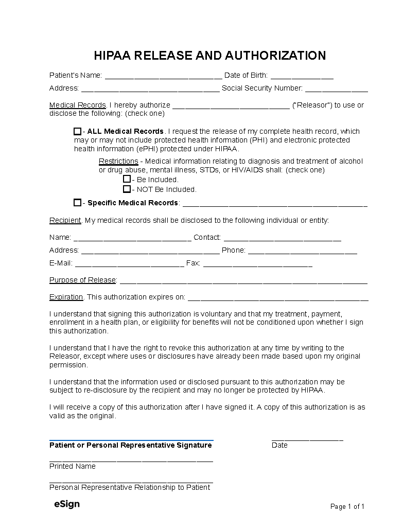 Free Medical Records Release Form (Hipaa) | Pdf | Word throughout Medical Records Release Form Printable