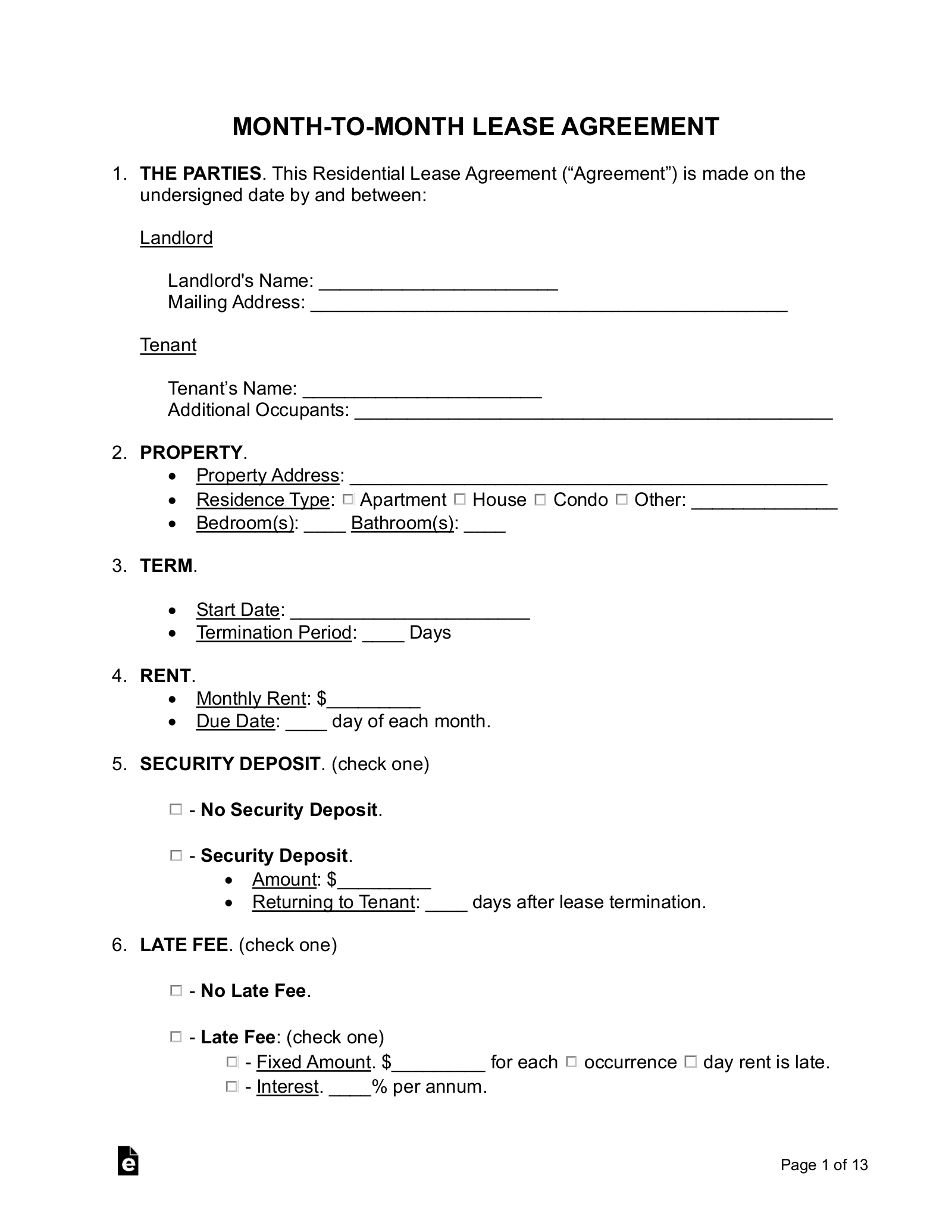 Free Month-To-Month Lease Agreement Template - Pdf | Word – Eforms with Simple Rental Agreement Free Printable