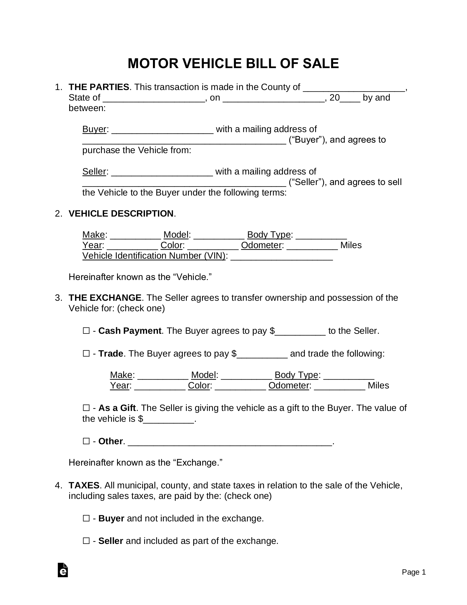 Free Motor Vehicle (Dmv) Bill Of Sale Form - Pdf | Word – Eforms inside Printable Automobile Bill of Sale