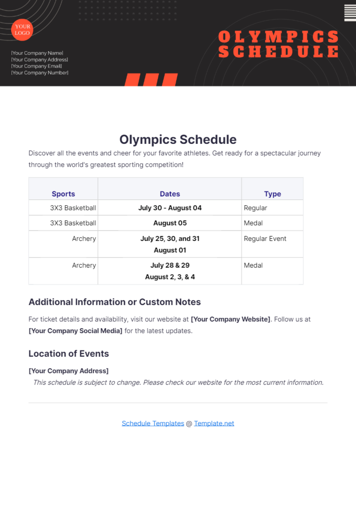 Free Olympics Schedule Template To Edit Online intended for Olympic Schedule Of Events Printable