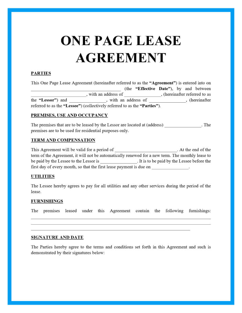 Free One Page Lease Agreement Templates for Simple Rental Agreement Free Printable