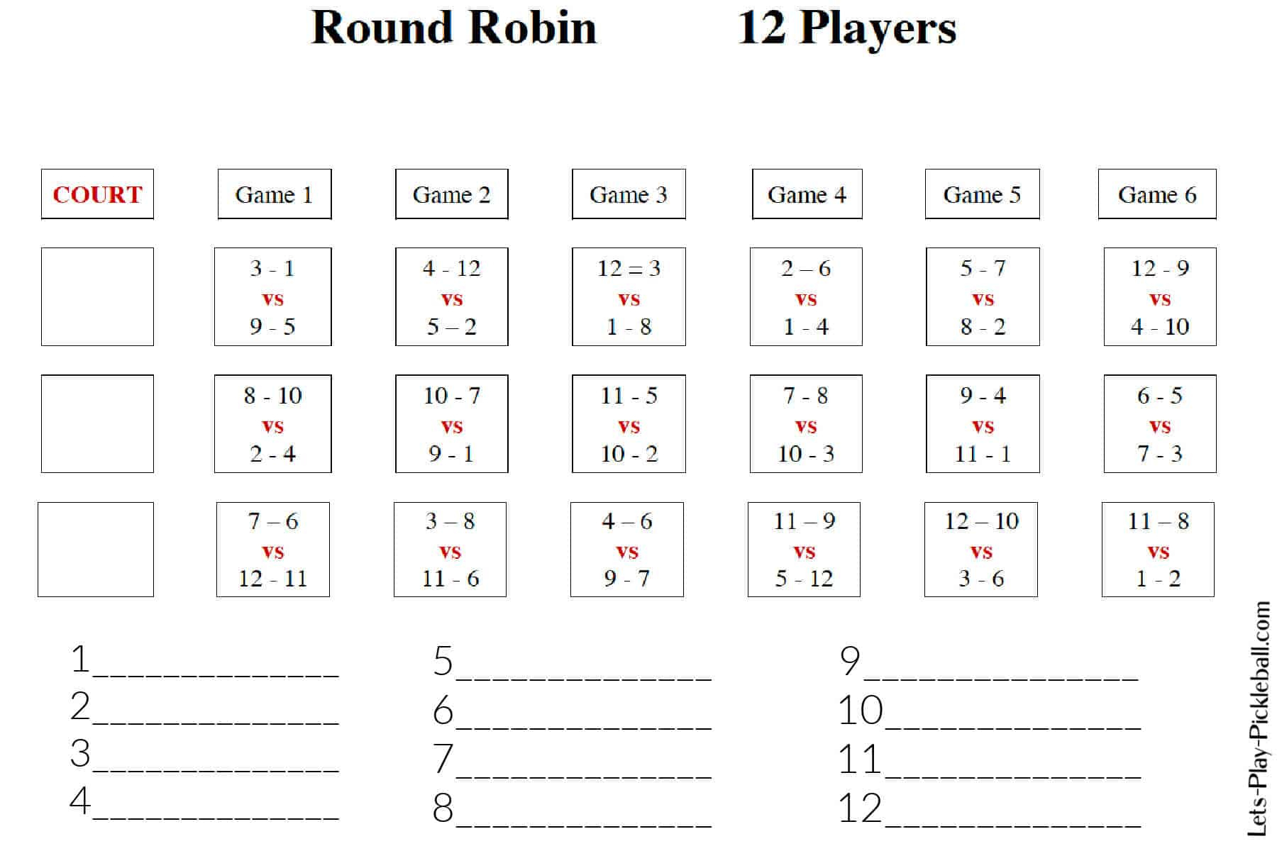 Free Pickleball Round Robin Printable Pdf - 8 Players 12 Players in Pickleball Round Robin Charts Printable