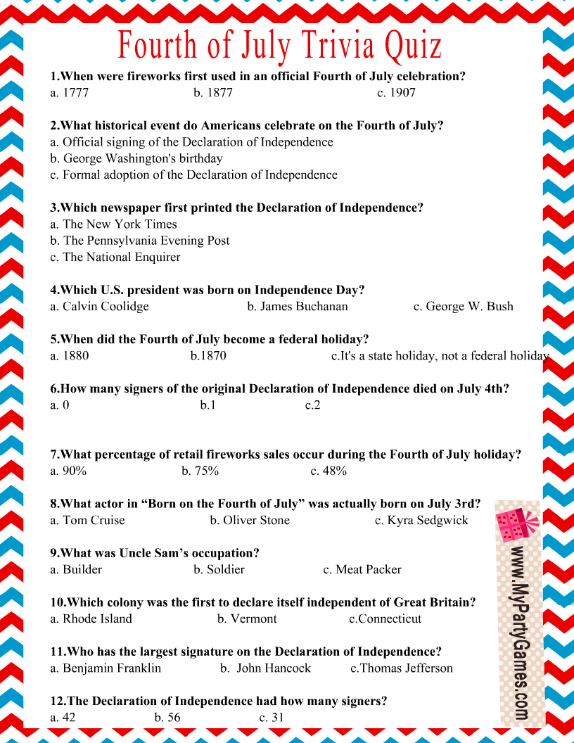 Free Printable 4Th Of July Usa Independence Day Trivia Quiz inside 4Th Of July Trivia Questions Printable