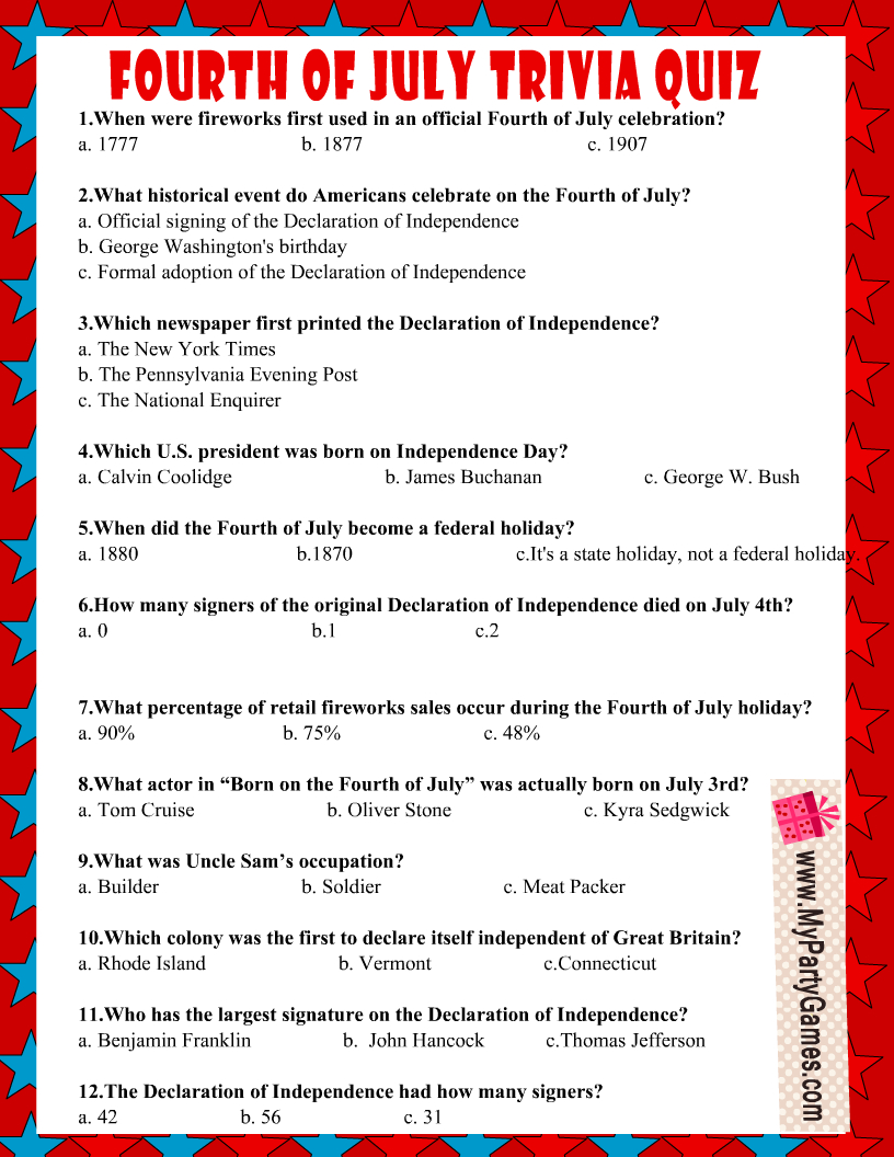Free Printable 4Th Of July Usa Independence Day Trivia Quiz within 4Th Of July Trivia Questions Printable