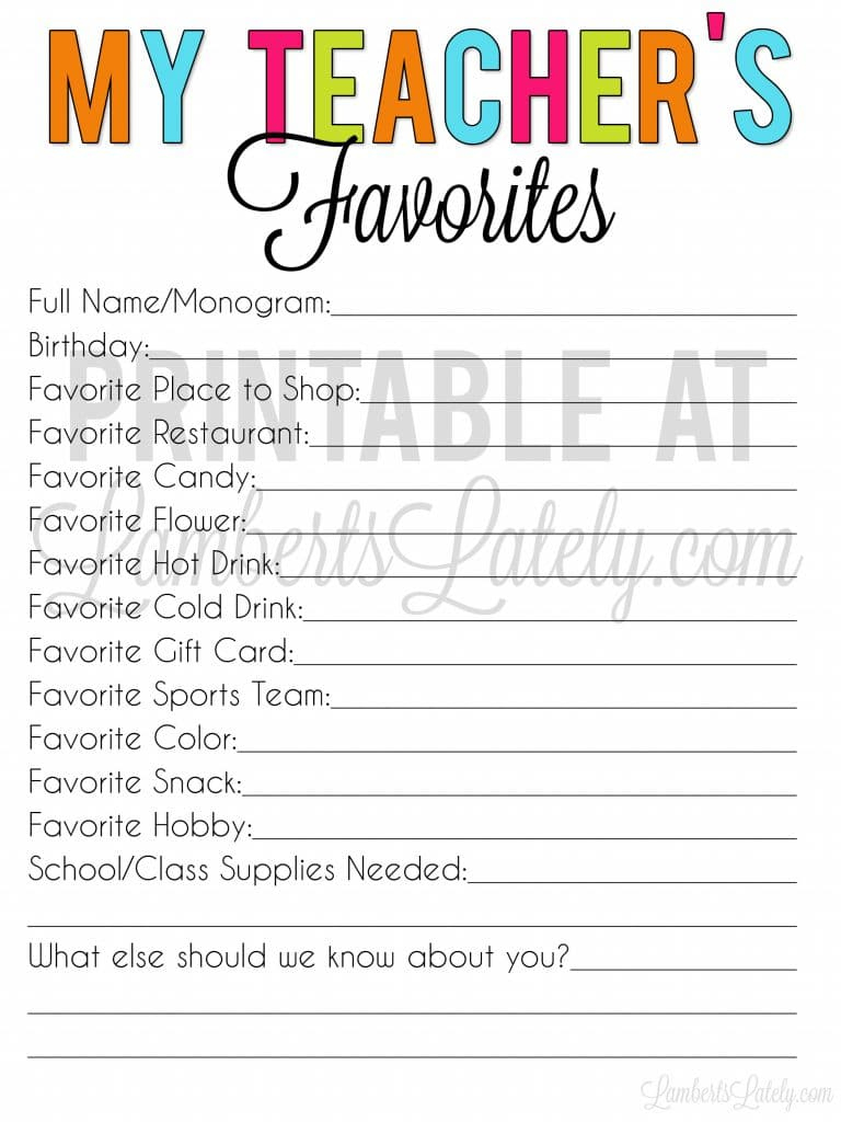 Free Printable Teacher Favorite Things Form | Lamberts Lately in Teachers Favorite Things Form Printable