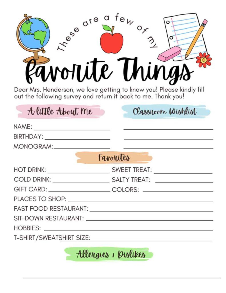 Free! Printable Teacher Favorite Things - Mindymakes pertaining to Teachers Favorite Things Form Printable