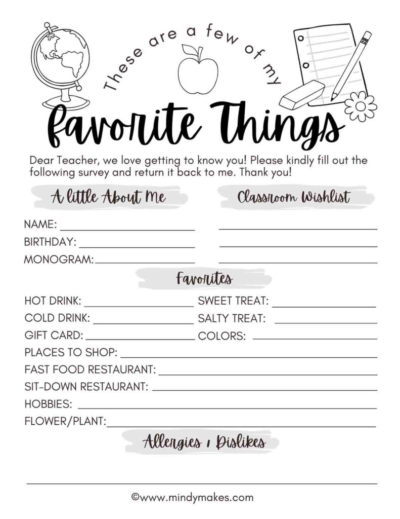 Free! Printable Teacher Favorite Things - Mindymakes regarding Teacher Favorite Things Form Free Printable