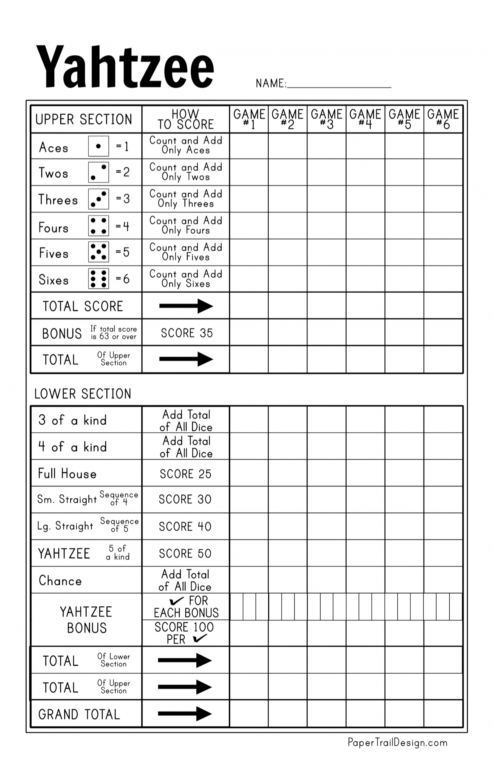 Free Printable Yahtzee Score Card - Paper Trail Design with Free Yahtzee Score Sheets Printable