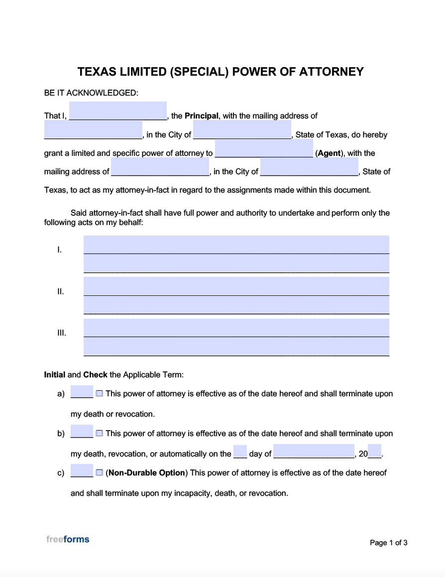 Free Texas Limited (Special) Power Of Attorney Form | Pdf | Word throughout Power Of Attorney Form Free Printable