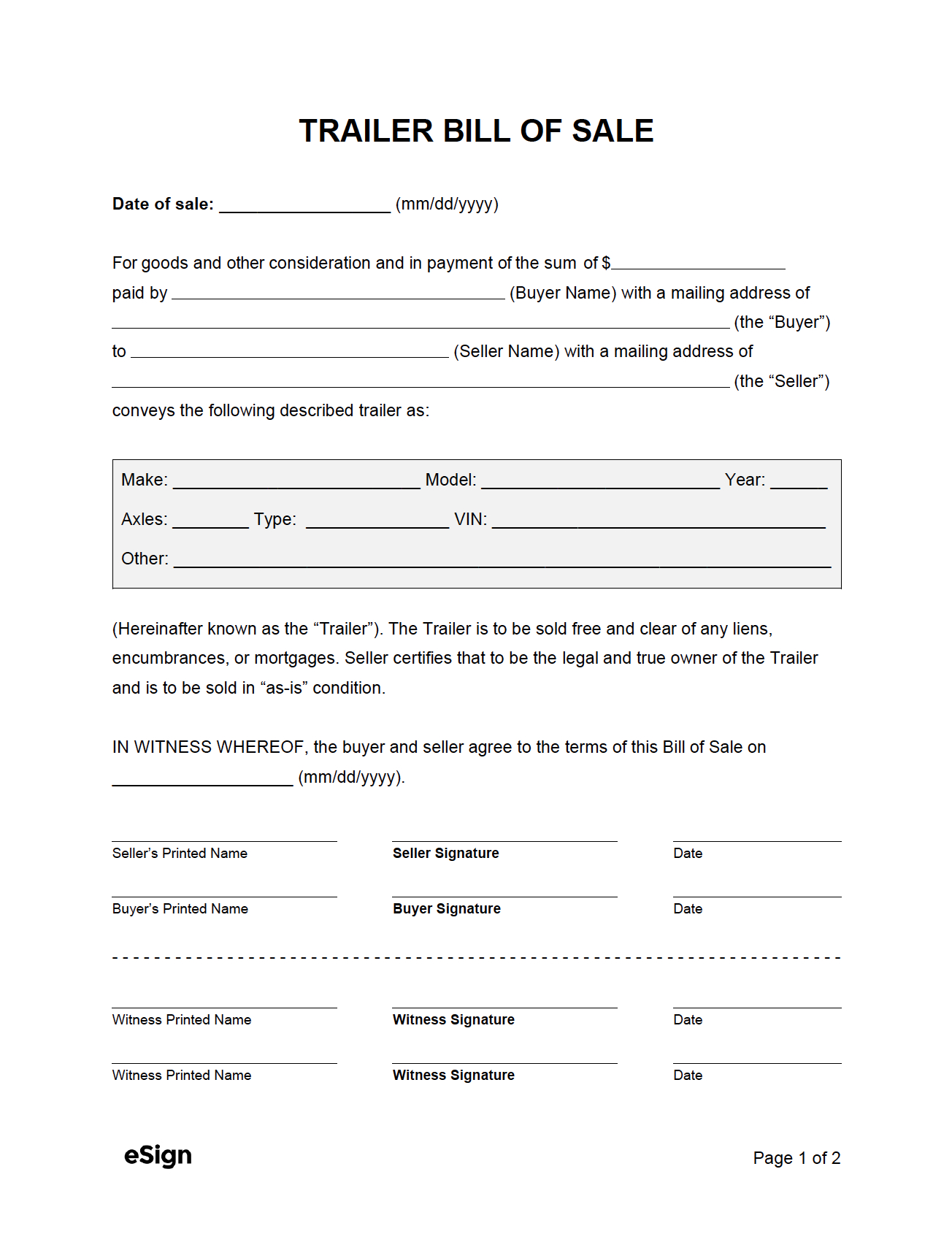 Free Trailer Bill Of Sale Form | Pdf | Word with regard to Printable Bill Of Sale For Trailer