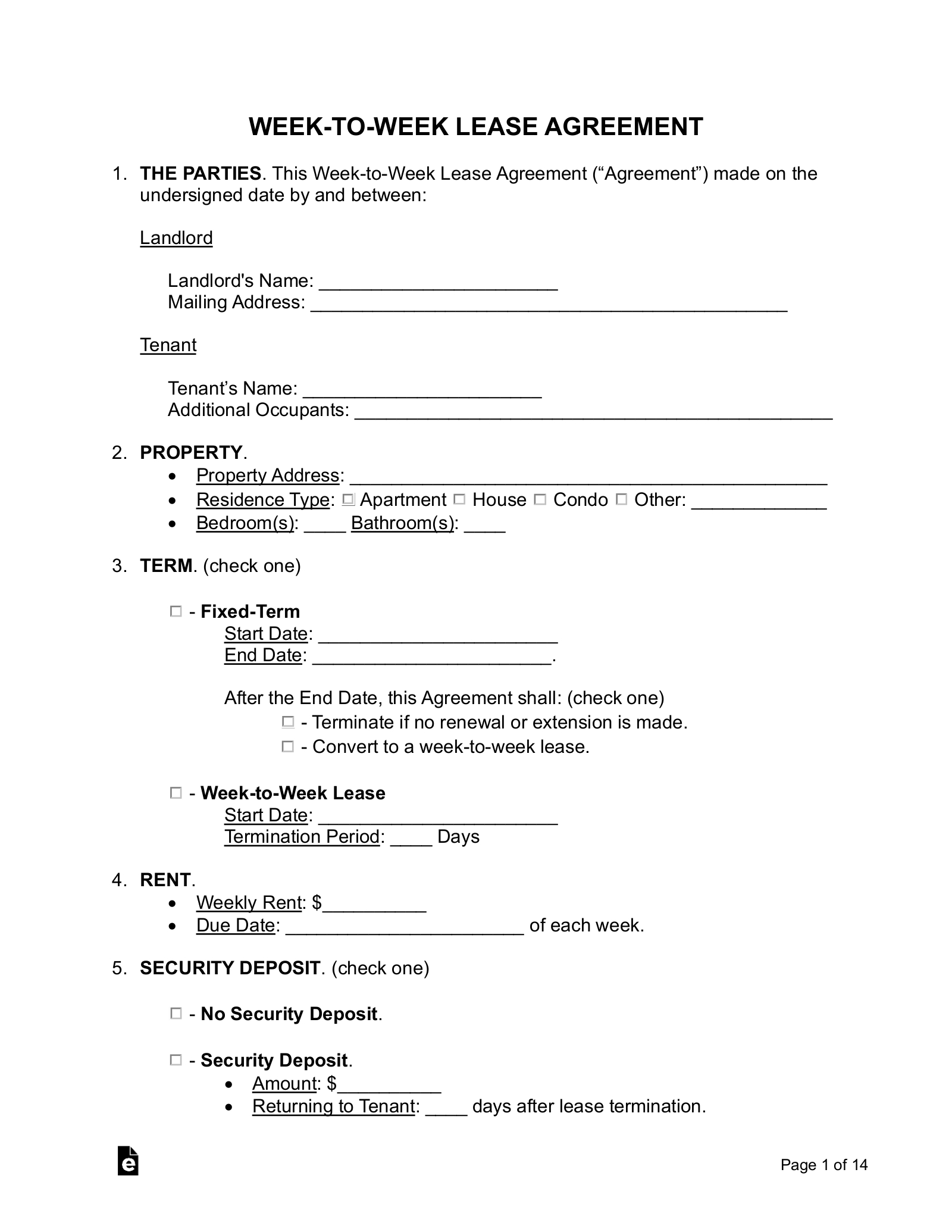 Free Week-To-Week (Weekly) Lease Agreement Template - Pdf | Word in Basic Rental Agreement Free Printable