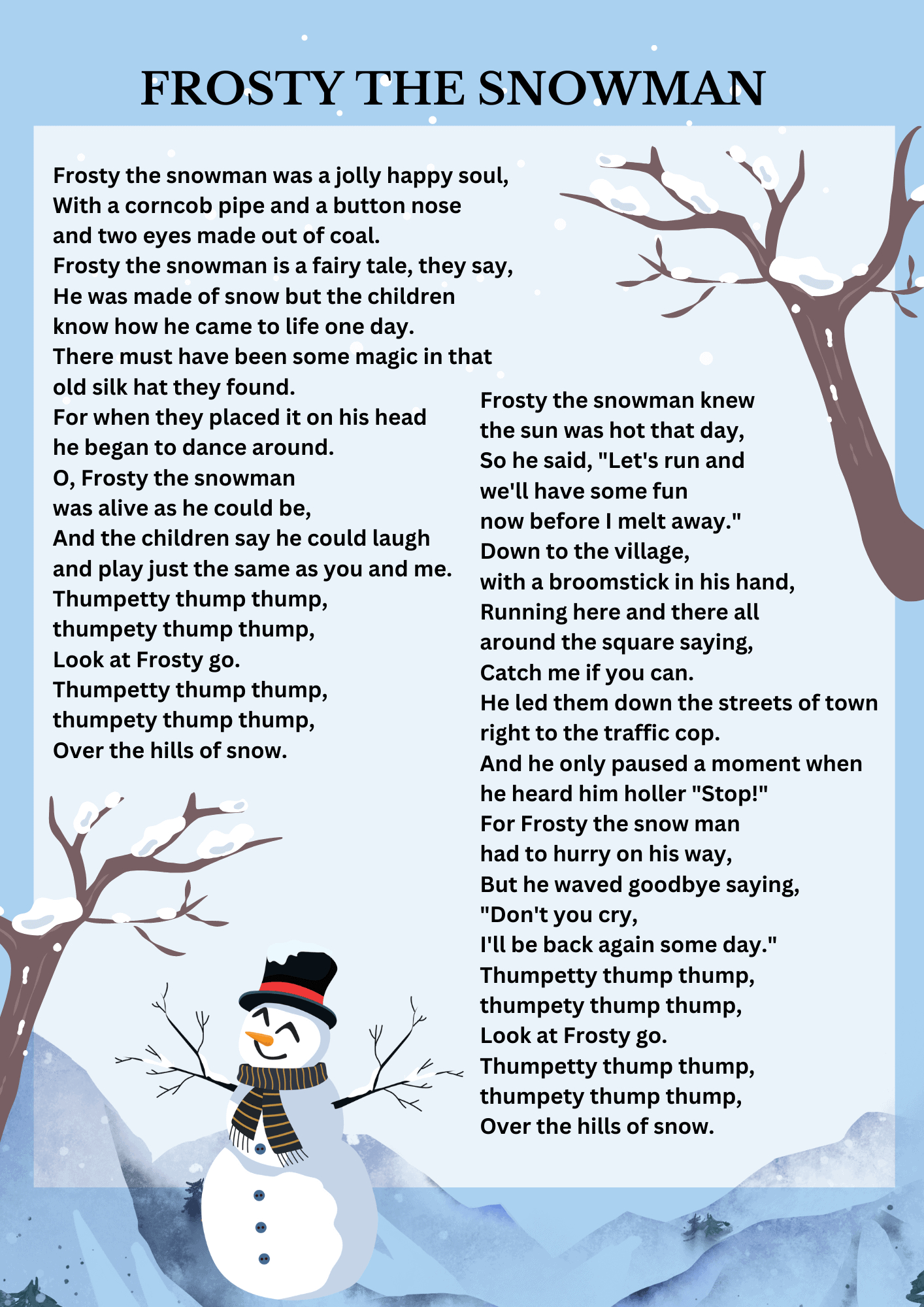 Frosty The Snowman Lyrics Free Printable with Printable Words to Frosty the Snowman
