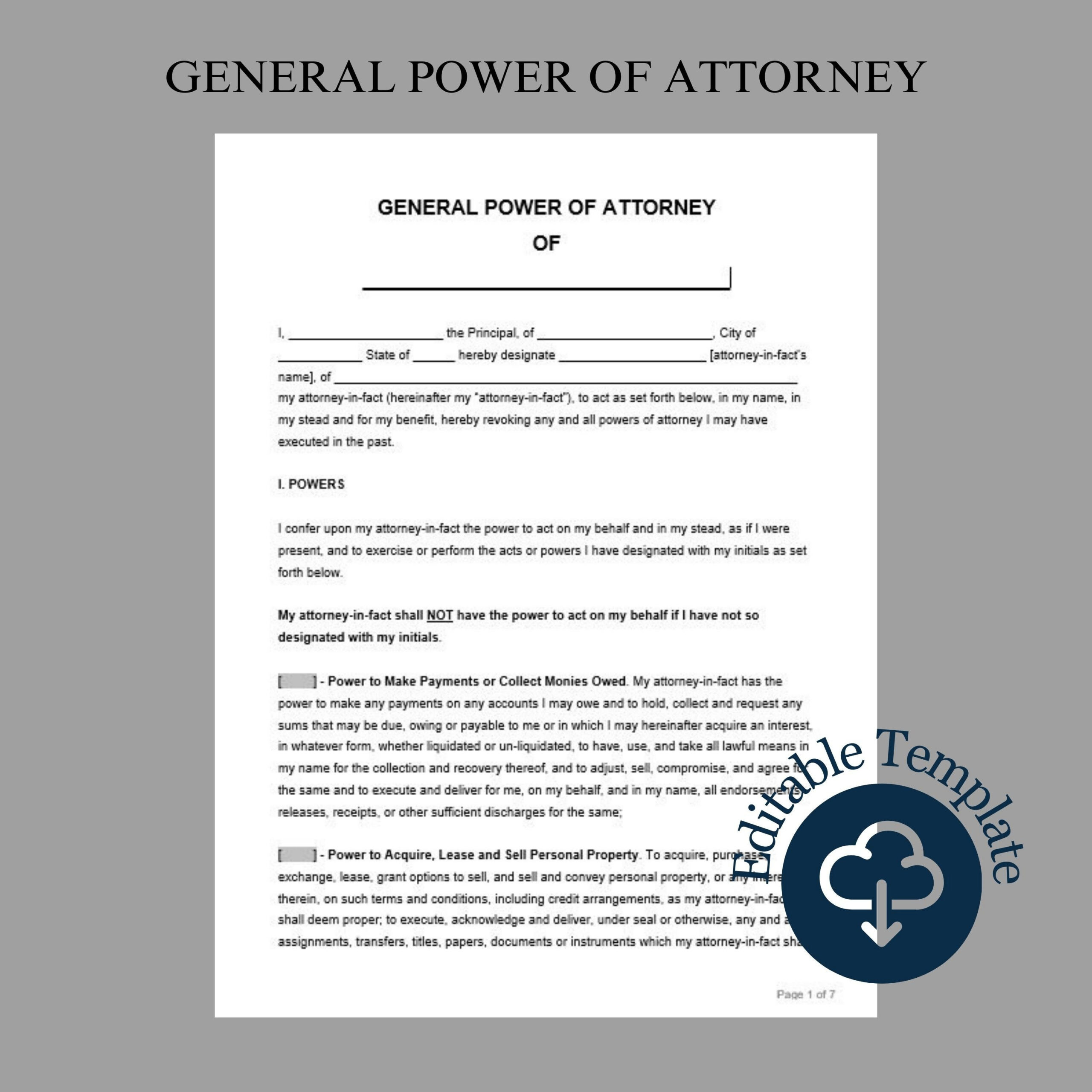 General Power Of Attorney Form Template: Editable Instant Download throughout Printable Power of Attorney Form