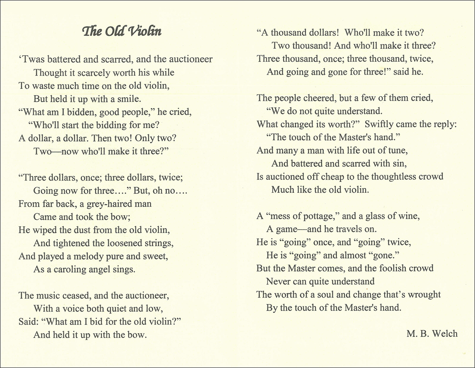 Gospel Tract, The Touch Of The Master'S Hand, M.b. Welch (#1723 for The Touch of the Masters Hand Printable Poem