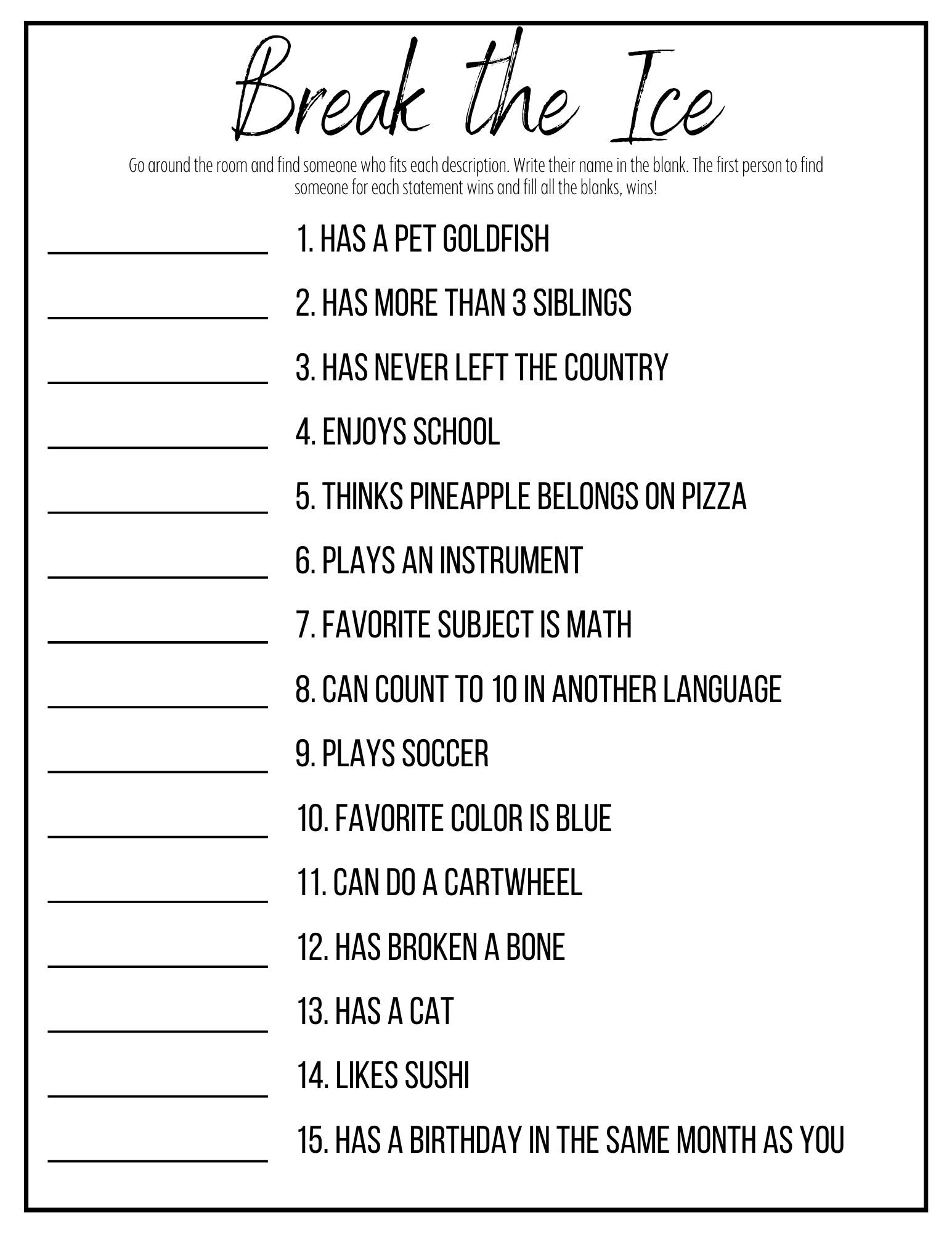 Ice Breaker Group Game Printable Youth Group Activity Classroom within Printable Team Building Ice Breaker Games