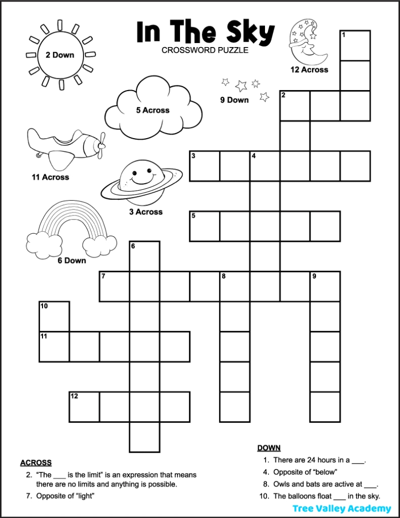 In The Sky Crossword Puzzle For Kids - Tree Valley Academy inside Free Printable Children's Crossword Puzzles
