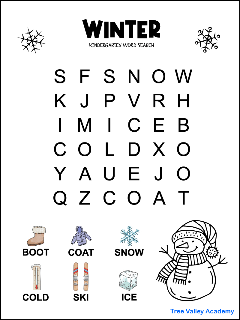 Kindergarten Winter Word Search - Tree Valley Academy intended for Free Printable Childrens Word Search