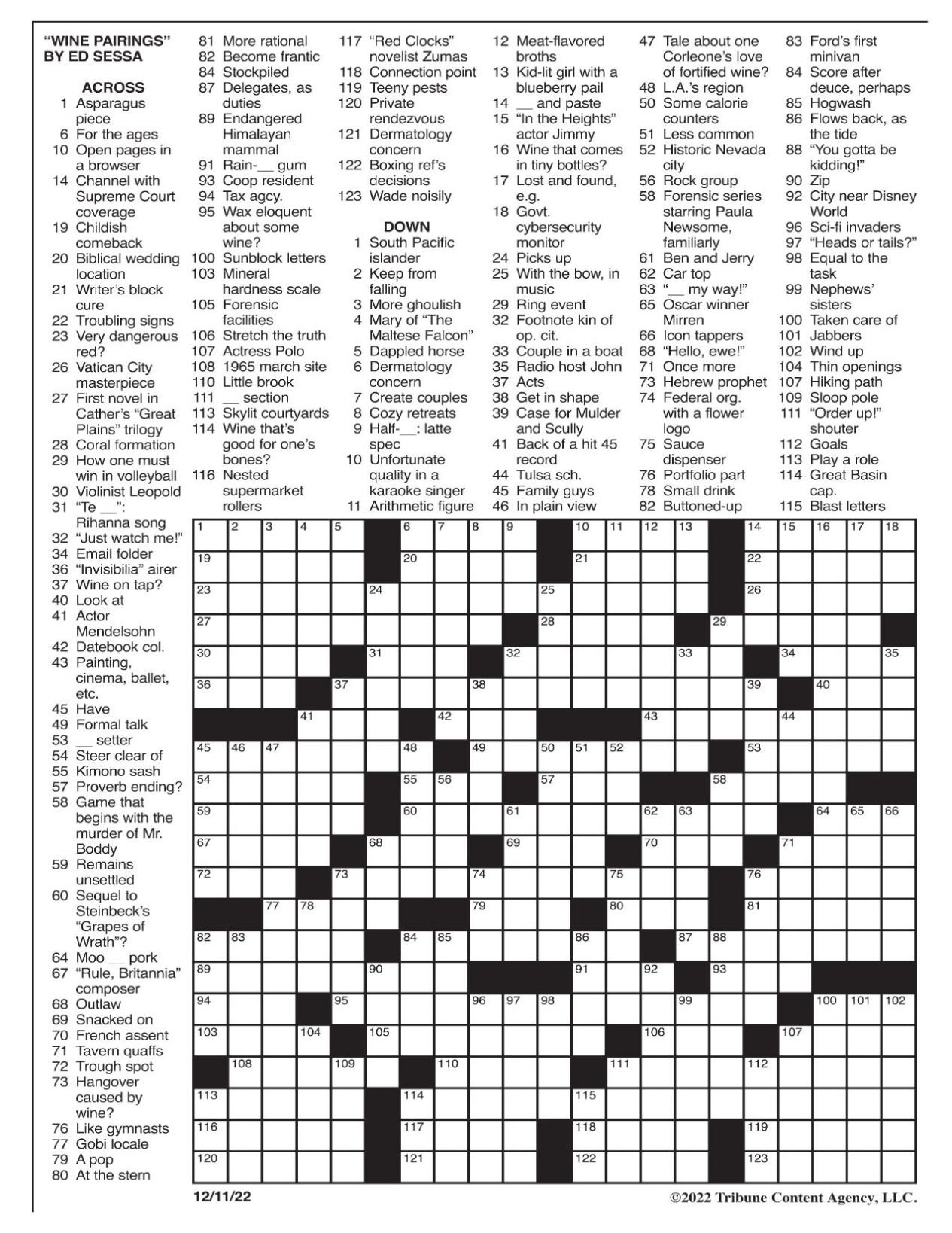 La Times Crossword: Dec. 11, 2022 | Crosswords | Yakimaherald with Today'S La Times Crossword Printable