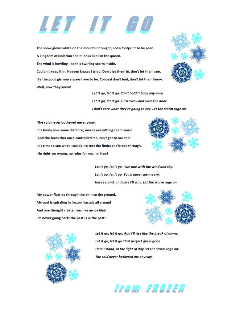 Let It Go Lyrics inside Frozen Let It Go Lyrics Printable