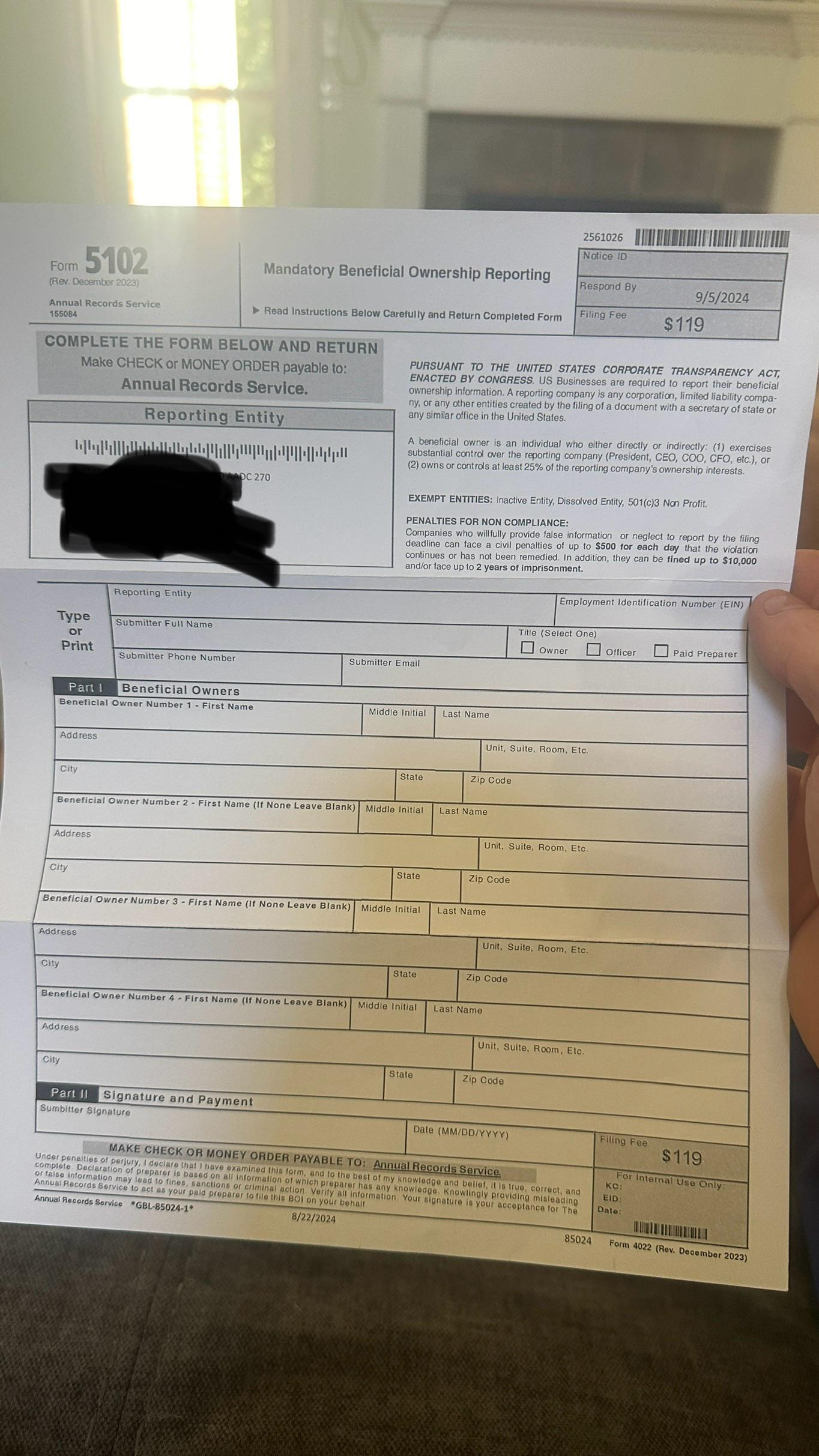 Letter From Us Records Management Asking For $119 : R/Scams for Printable Annual Records Service Form 5102