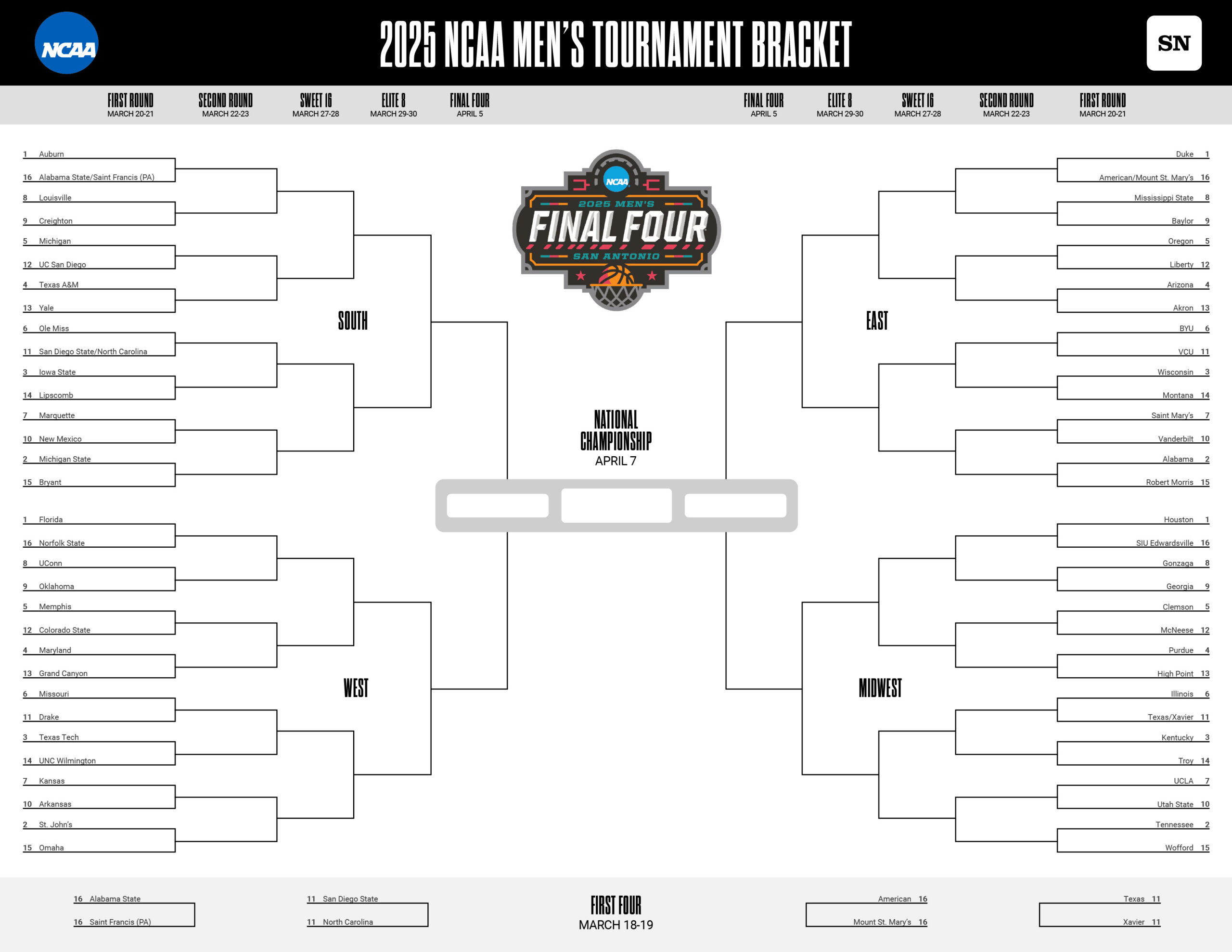 March Madness Printable Bracket: Download A Free 2025 Ncaa regarding Printable Bracket For Ncaa Tournament