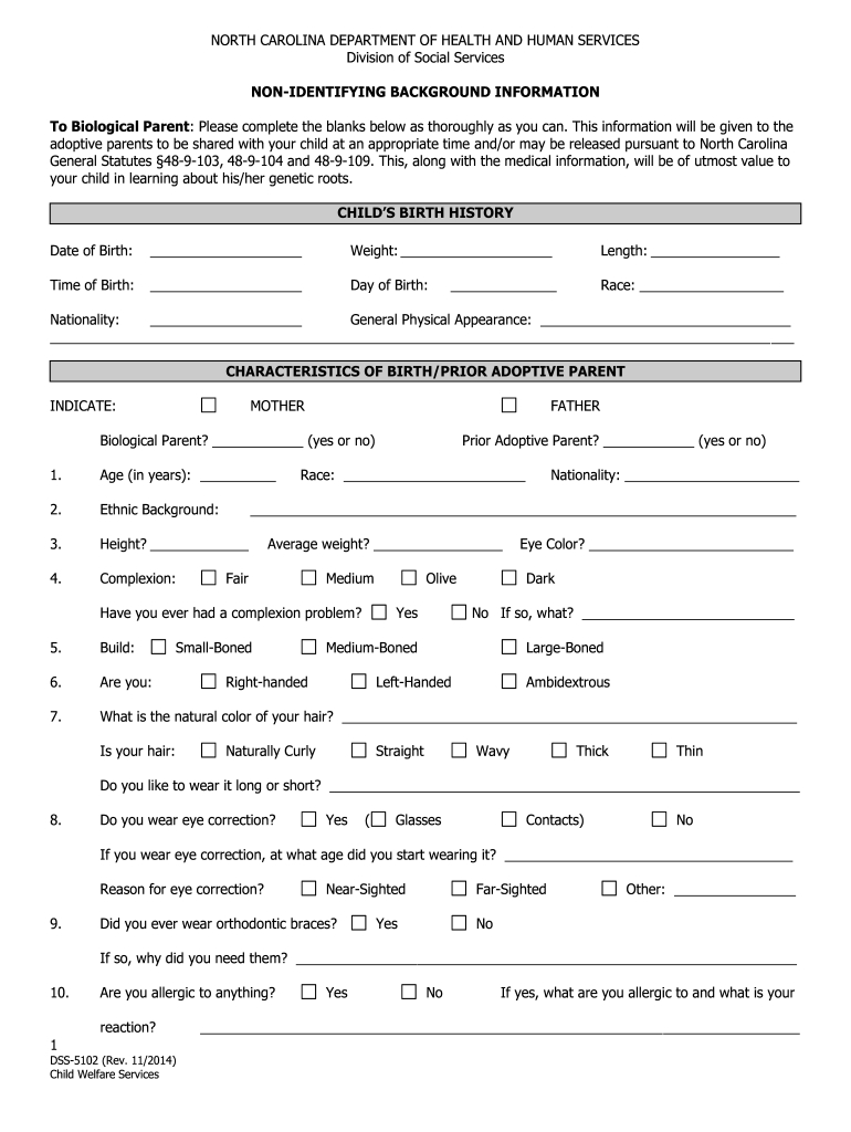 Nc Dss-5102 Form - Fill Online, Printable, Fillable, Blank - Pdffiller with regard to Printable Annual Records Service Form 5102