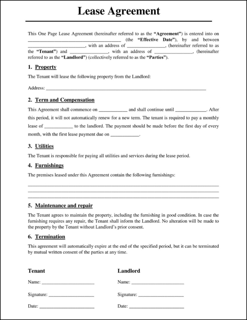 One Page Lease Agreement | Free Rental Contract Template in Simple Rental Agreement Free Printable