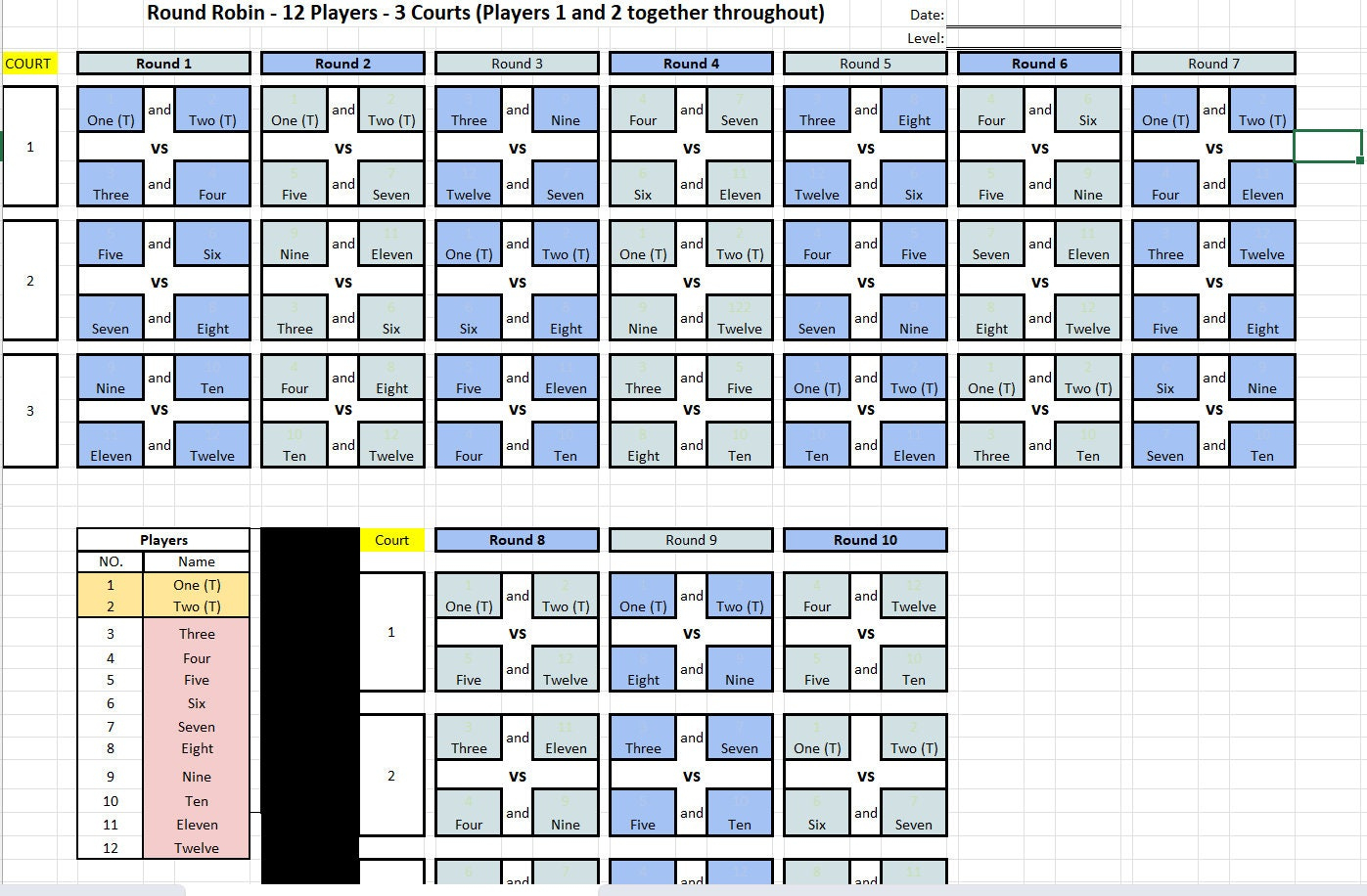 Pickleball - Round Robin Excel Sheet - 12 Players On 3 Courts intended for Pickleball Round Robin Charts Printable