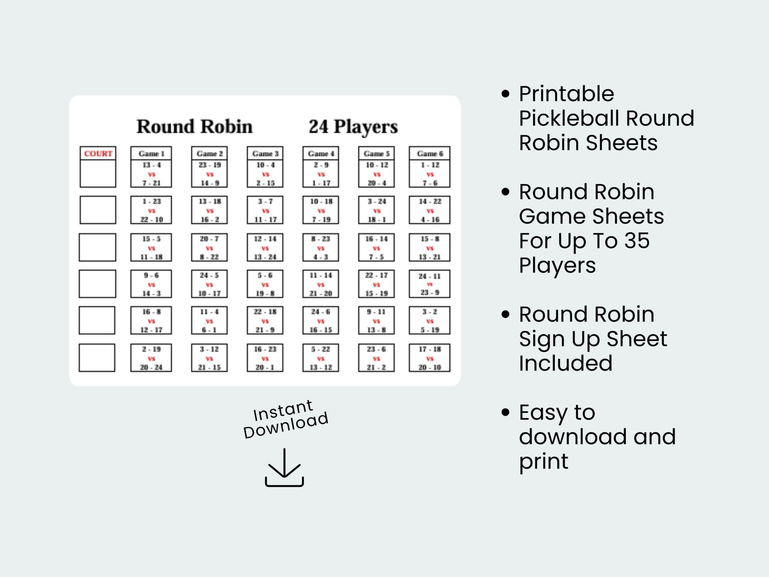 Pickleball Round Robin Sheets: 8-35 Player Sign-Up (Digital with regard to Pickleball Round Robin Charts Printable