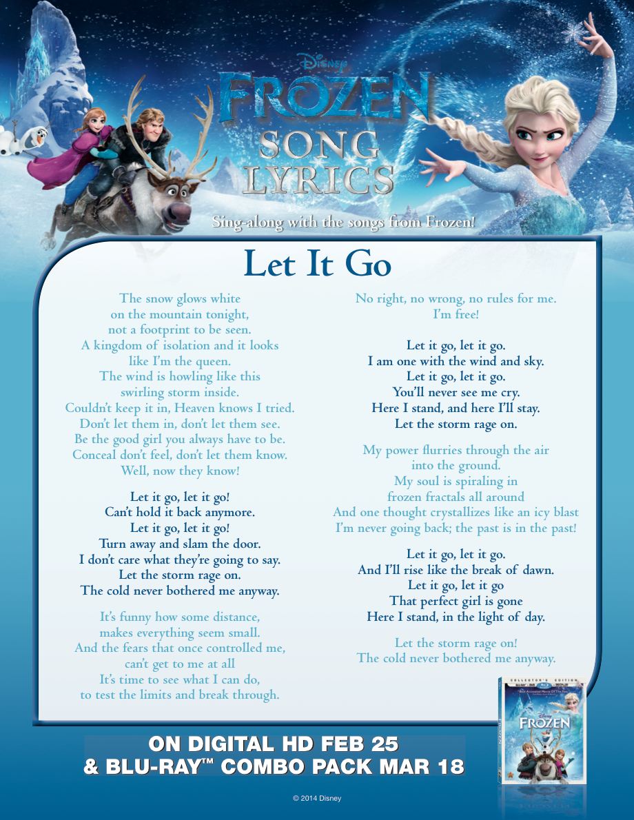 Pin Page - Worksheets Library pertaining to Frozen Let It Go Lyrics Printable
