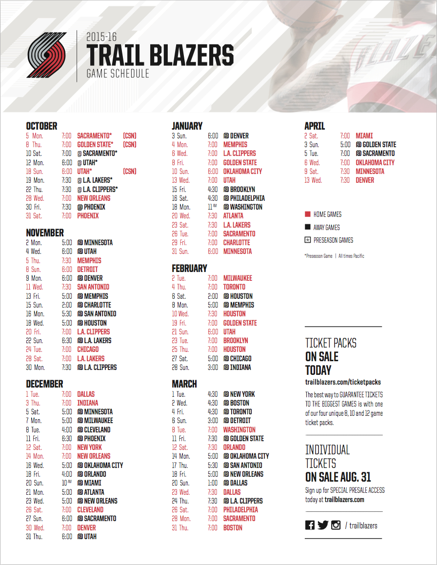 Portland Trail Blazers On X with Printable Portland Trail Blazers Schedule