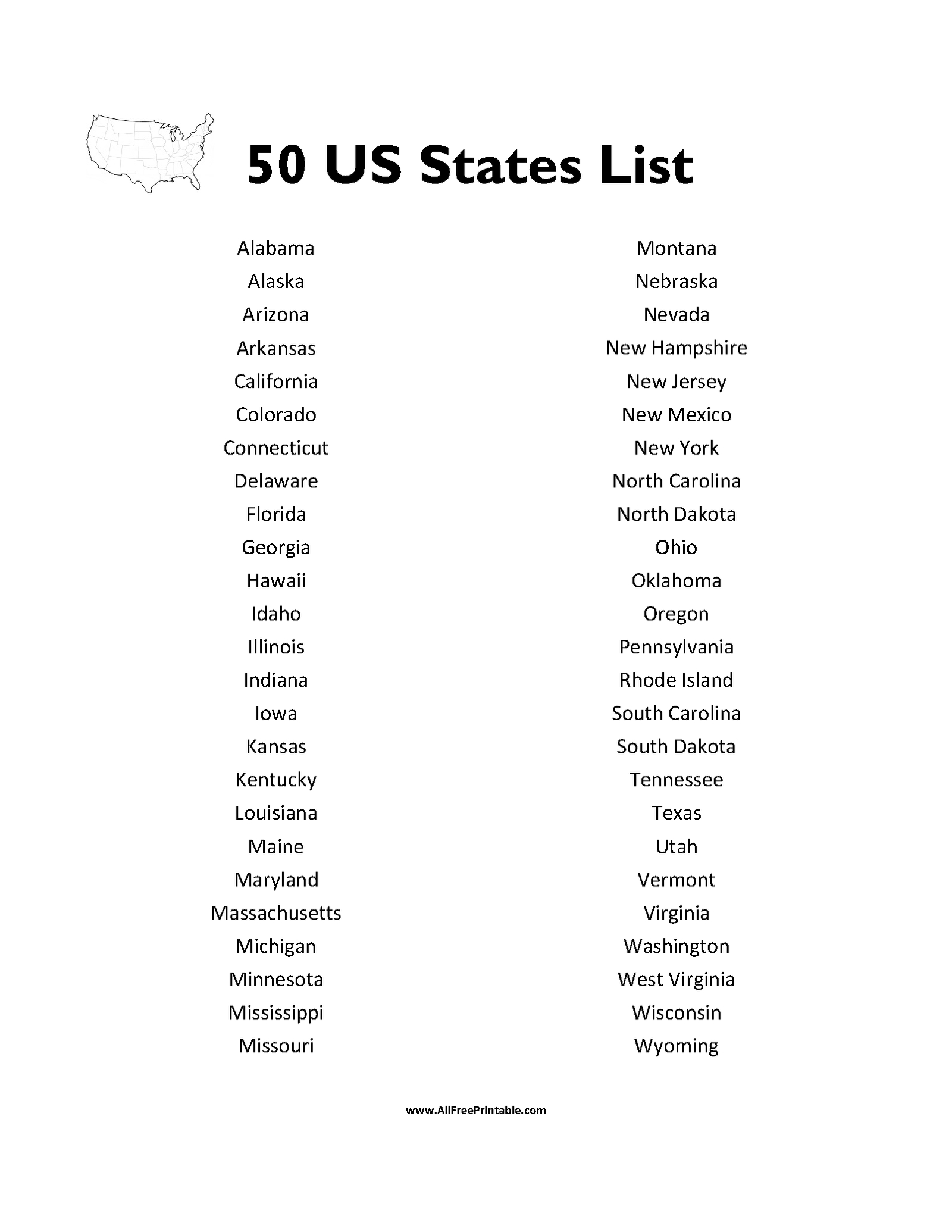 Print 50 States List – Free Printable regarding List Of 50 States Printable