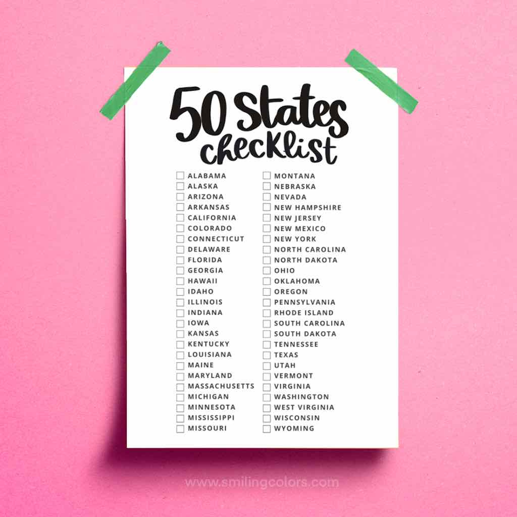 Printable 50 States Checklist - Smiling Colors inside List of 50 States Printable