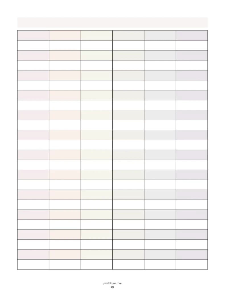 Printable Blank 6 Column Chart Templates - Free 6 Column Tables with regard to Full Page 6 Collum Printable Table