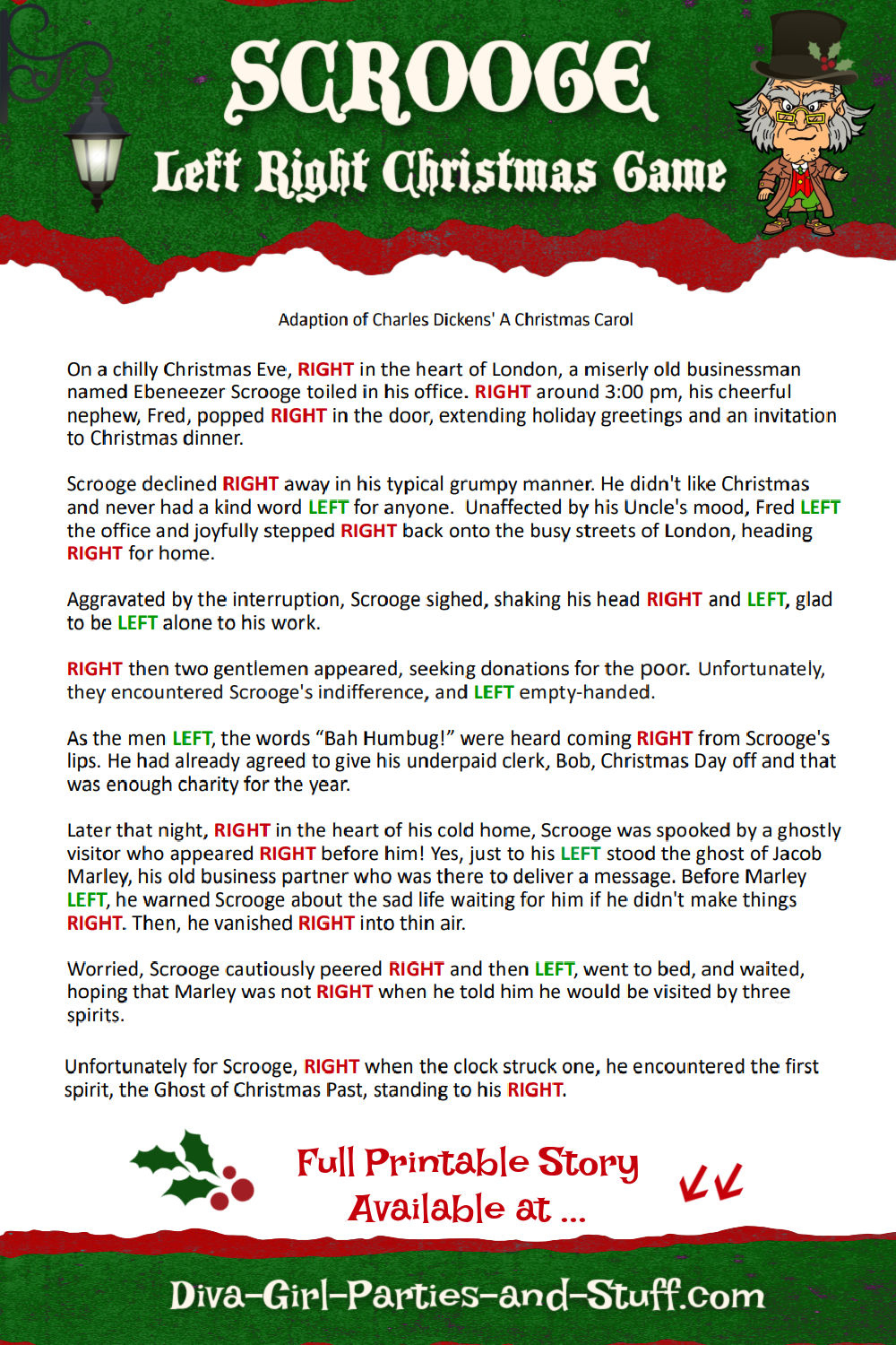 Printable Left Right Christmas Game Story Of Scrooge pertaining to Free Christmas Right Left Game Printable
