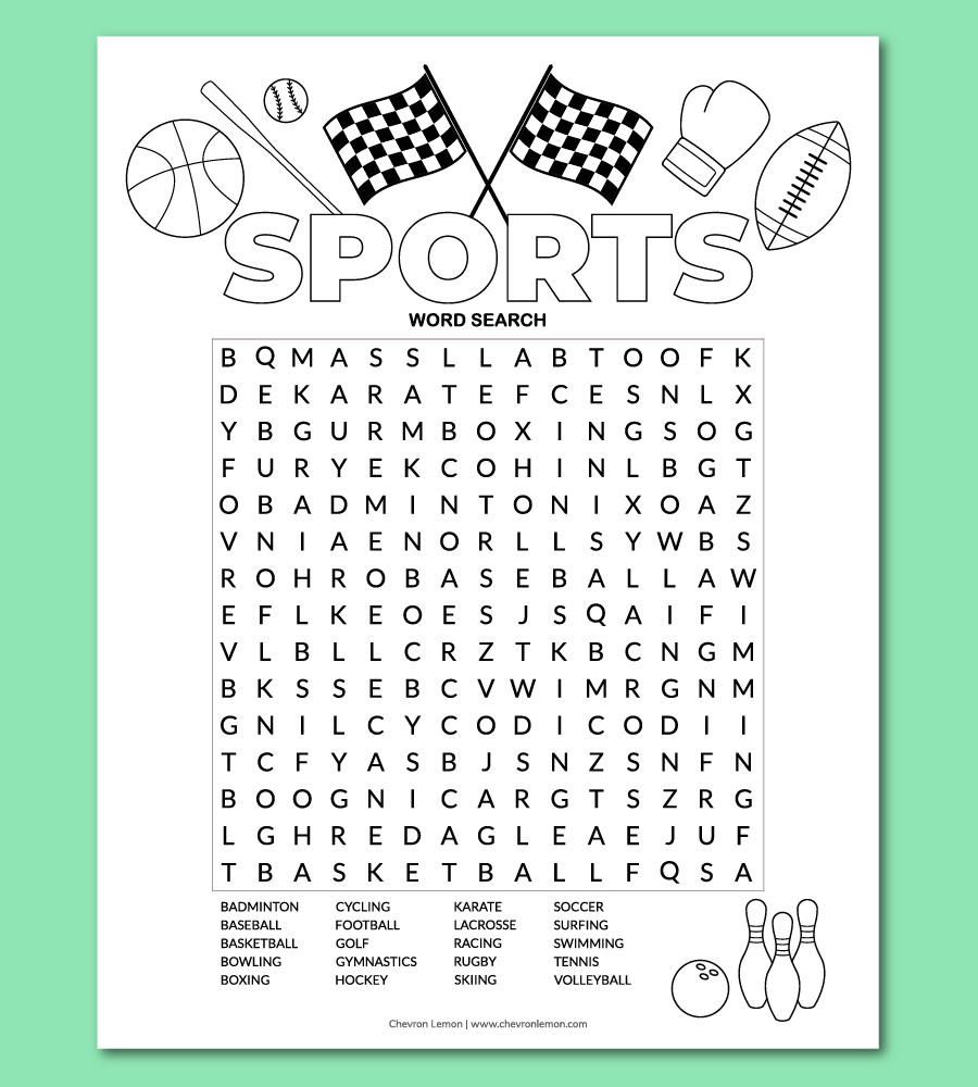 Printable Sports Word Search Puzzle - Chevron Lemon pertaining to Printable Word Searches For Kids