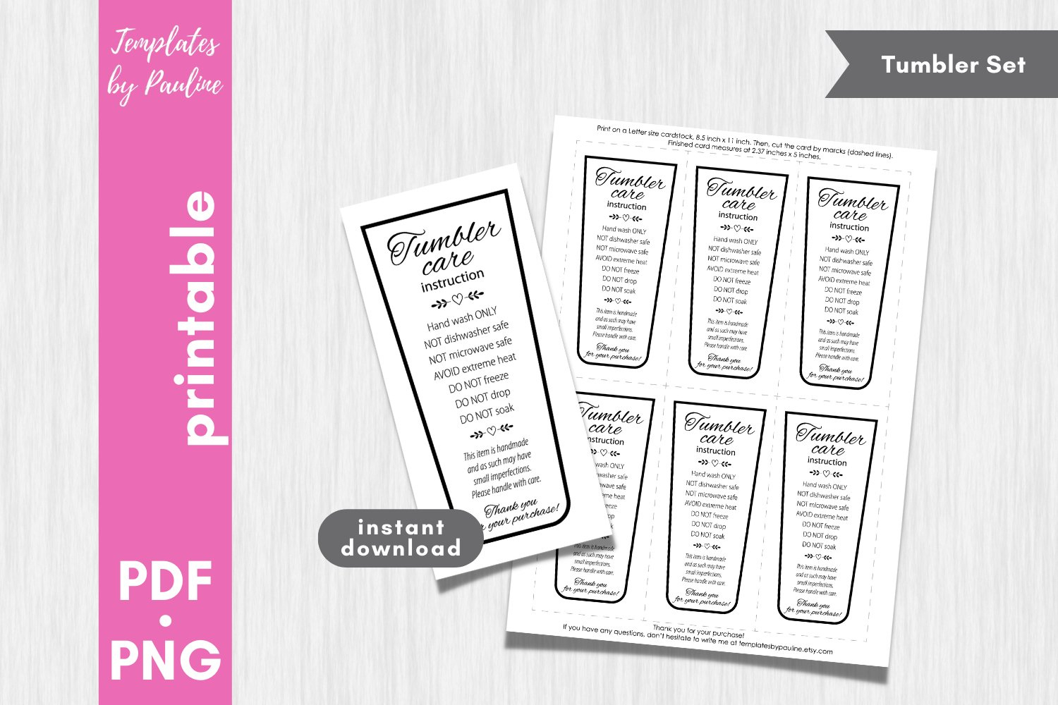 Printable Sublimation Tumbler Care Card. Hand Wash Only Tag. within Free Printable Tumbler Care Instructions