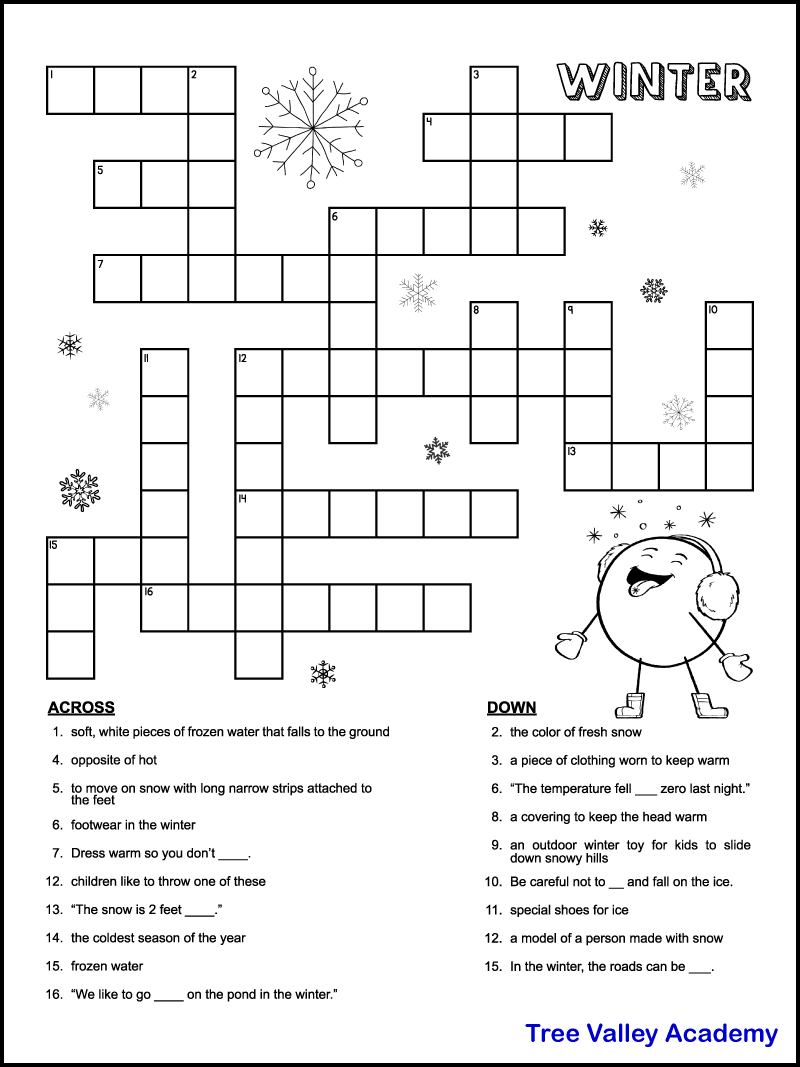 Printable Winter Crossword Puzzles For Kids - Tree Valley Academy with Free Printable Children's Crossword Puzzles