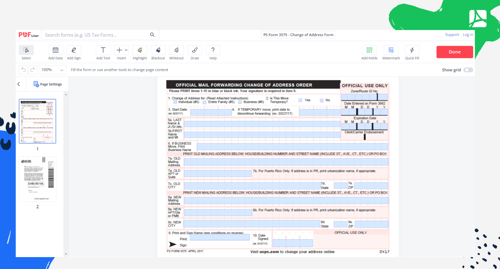 Ps Form 3575, Change Of Address Blank, Sign Forms Online — Pdfliner for Printable Change of Address Form From Usps