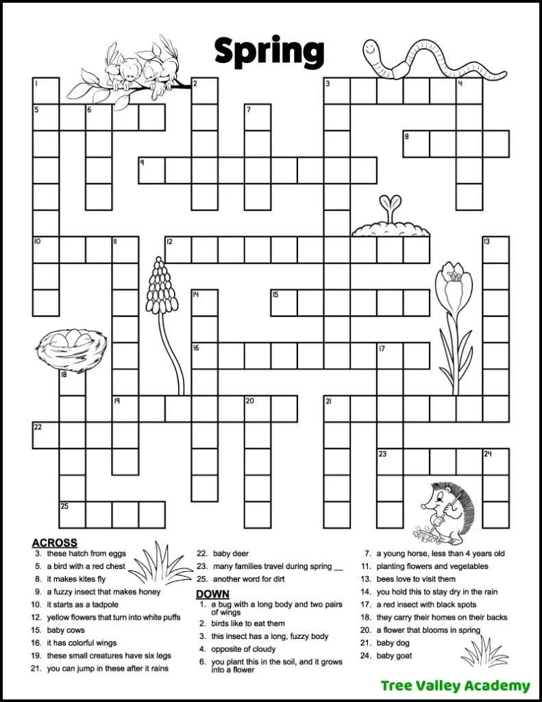 Spring Crossword Puzzles For Kids - Tree Valley Academy inside Printable Crossword Puzzles Free Online