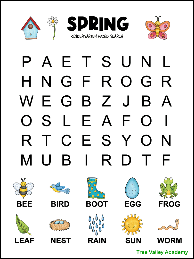 Spring Word Search For Kindergarten - Tree Valley Academy intended for Word Search For Kids Printable
